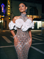 Liora Flower Sequin Crystal Maxi Dress