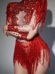 Lorvain Rhinestone Fringe Bodysuit In Red