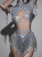 Lorvain Rhinestone Fringe Bodysuit In Silver