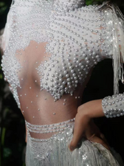 Lorvain Rhinestone Fringe Bodysuit In White