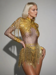 Lorvain Rhinestone Fringe Bodysuit In Gold