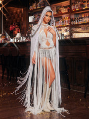Luxyvar Fringe Knitted Hooded Cover Up In White