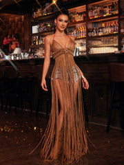 Myxandria Halterneck Fringe Knitted Cover Up Dress