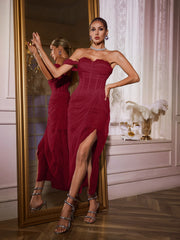 Nachla One Shoulder Lace Split Midi Dress In Wine