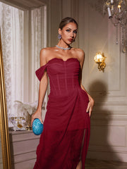 Nachla One Shoulder Lace Split Midi Dress In Wine