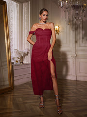 Nachla One Shoulder Lace Split Midi Dress In Wine