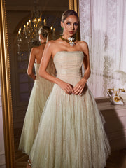 Nakia Strapless Ruched Mesh Midi Dress In Green