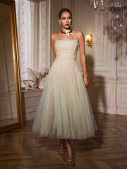 Nakia Strapless Ruched Mesh Midi Dress In Green