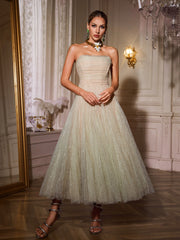 Nakia Strapless Ruched Mesh Midi Dress In Green