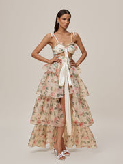 Nalima Floral Printed Skirt Set In Apricot