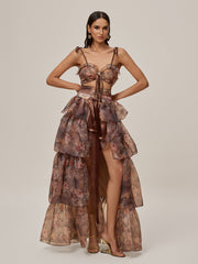 Nalima Floral Printed Skirt Set In Brown