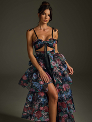 Nalima Floral Printed Skirt Set In Black