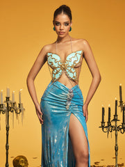 Nazrik Halterneck Butterfly Armor Top In Blue