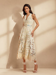 Nergui Folded Collar Embroidered Midi Dress