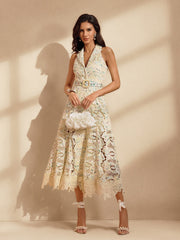 Nergui Folded Collar Embroidered Midi Dress