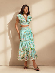 Nerice V Neck Floral Printed Skirt Set