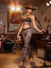 Nyrion Spaghetti Leopard Lace Pants Set