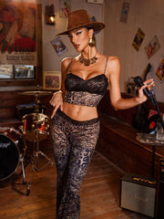 Nyrion Spaghetti Leopard Lace Pants Set