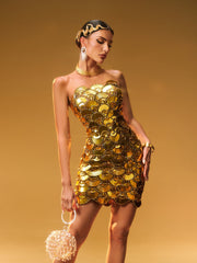 Nyxara Strapless Sequin Embellished Mini Dress In Gold
