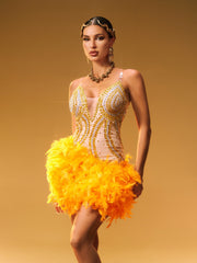 Nyxie Rhinestone Feather Trimmed Mini Dress