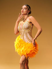 Nyxie Rhinestone Feather Trimmed Mini Dress