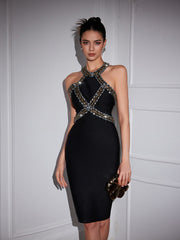 Ochre Halterneck Rhinestone Bandage Midi Dress