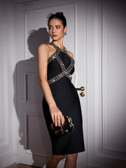 Ochre Halterneck Rhinestone Bandage Midi Dress