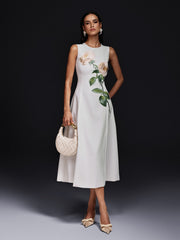Ogima Sleeveless Flower Embroidered Midi Dress In White