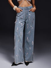 Olivette Rhinestone Fringe Feather Jeans