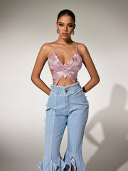 Olthion Tie Up Rhinestone Butterfly Top