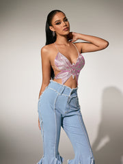 Olthion Tie Up Rhinestone Butterfly Top