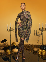 Olthrion Cape Sleeve Rose Rhinestone Mini Dress