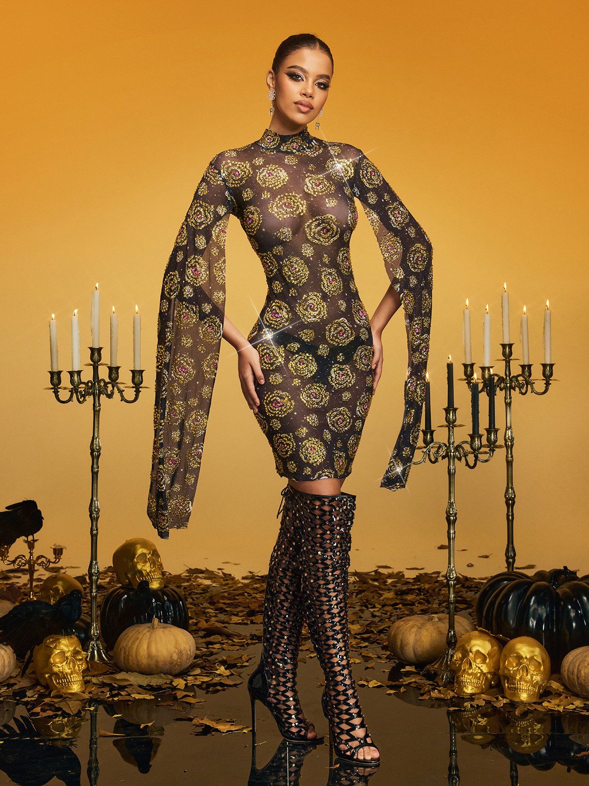 Olthrion Cape Sleeve Rose Rhinestone Mini Dress