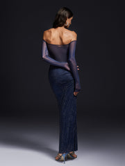 Oluina Off Shoulder Rhinestone Mesh Maxi Dress