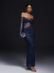 Oluina Off Shoulder Rhinestone Mesh Maxi Dress