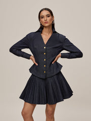 Onaedo V Neck Pleated Denim Skirt Set