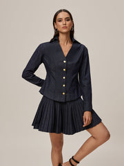 Onaedo V Neck Pleated Denim Skirt Set