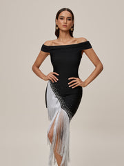 Onatah Off Shoulder Fringe Bandage Midi Dress