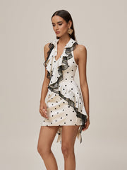 Ooko Halterneck Dot Lace Ruffle Mini Dress