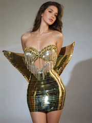 Osorio Rhinestone Fringe Metallic Skirt Set