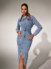 Plthar Folded Collar Split Midi Dress