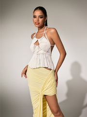 Pryon Halterneck Cutout Fringe Knitted Top