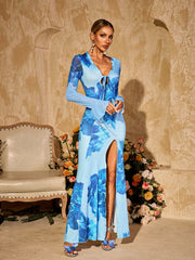 Pyxaris V Neck Split Floral Maxi Dress