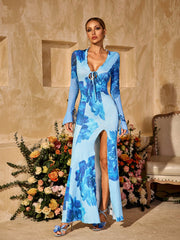 Pyxaris V Neck Split Floral Maxi Dress