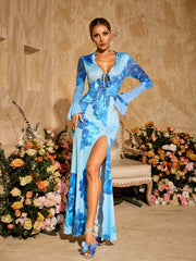 Pyxaris V Neck Split Floral Maxi Dress