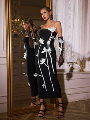 Qaelyra Strapless Flower Midi Dress With Gloves