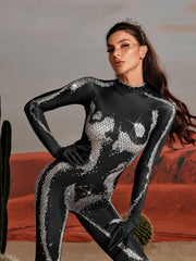 Radek Body Printed Rhinestone Gloves Jumpsuit In Silver