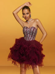 Rawiya Strapless Crystal Mini Dress In Wine
