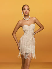 Reika Strapless Pearl Fringe Bandage Mini Dress