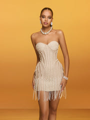 Reika Strapless Pearl Fringe Bandage Mini Dress